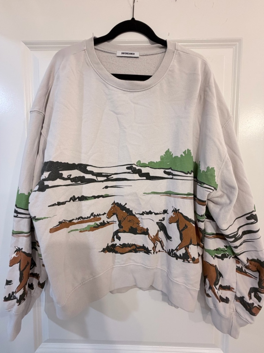 Daydreamer Cream Sweatshirt with Brown & Green Horse Print
